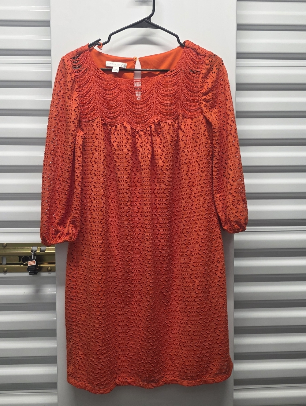 London Times Orange Shift Dress Crochet Long Sleeve Boho